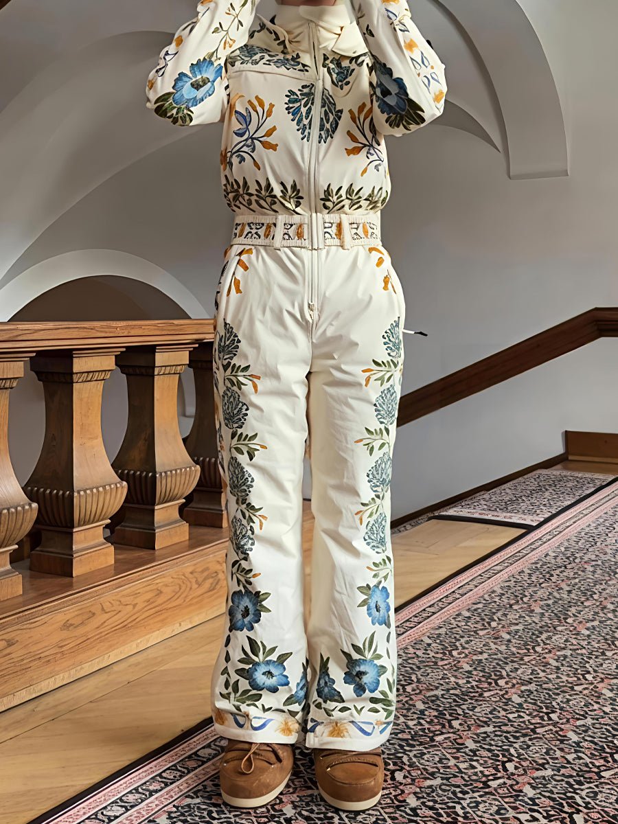 Winter Printed Hooded Belted Ski Jumpsuit - allsose