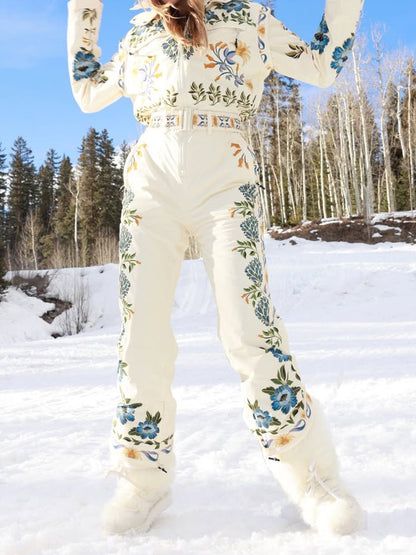 Winter Printed Hooded Belted Ski Jumpsuit - allsose
