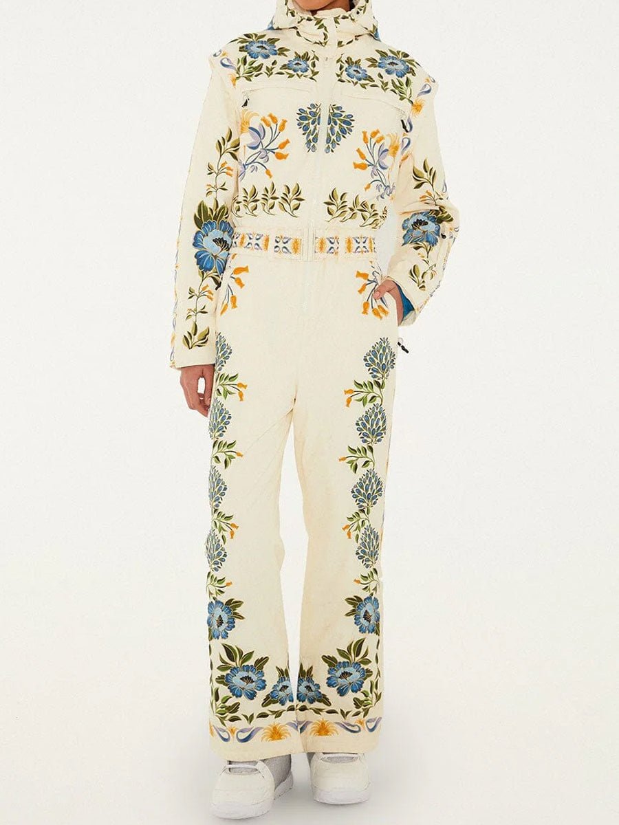 Winter Printed Hooded Belted Ski Jumpsuit - allsose