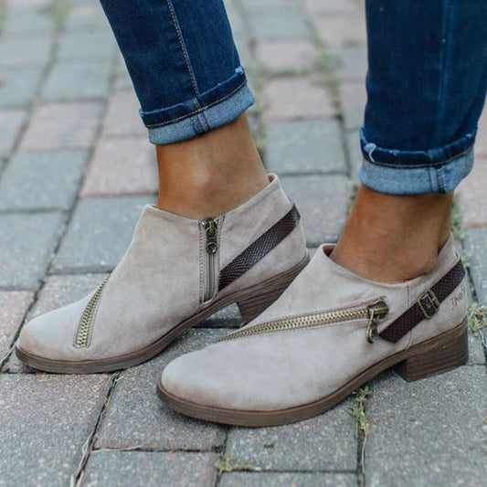 Women Casual Retro Round Toe Low Heel Zipper Boots - allsose