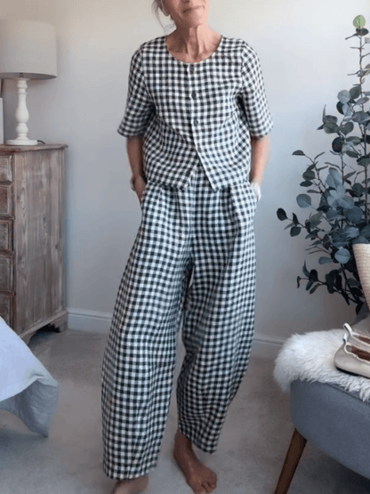 Women’s Black & White Gingham 2 - Piece Set: Short - Sleeve Button Top & Barrel Pants - allsose