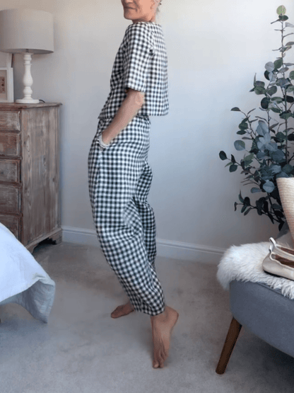 Women’s Black & White Gingham 2 - Piece Set: Short - Sleeve Button Top & Barrel Pants - allsose