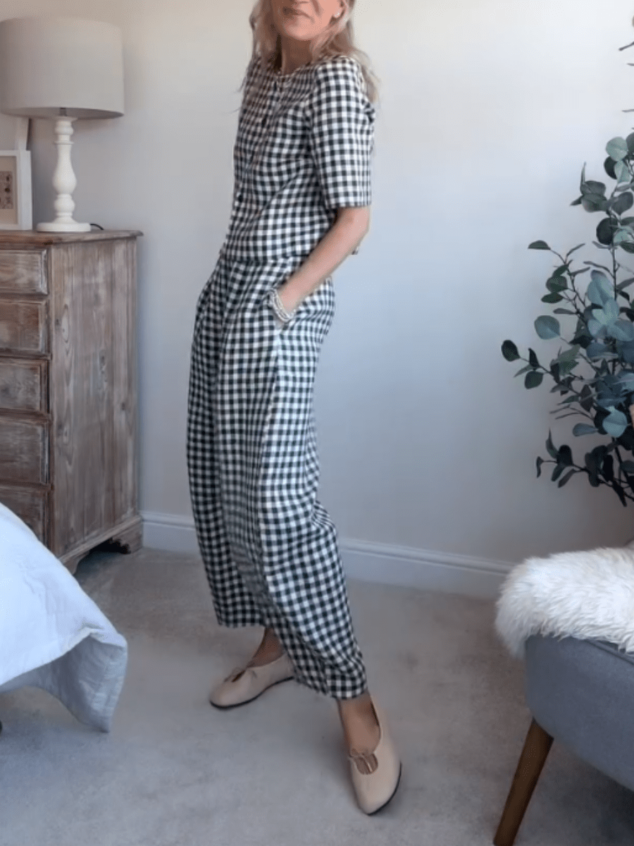 Women’s Black & White Gingham 2 - Piece Set: Short - Sleeve Button Top & Barrel Pants - allsose