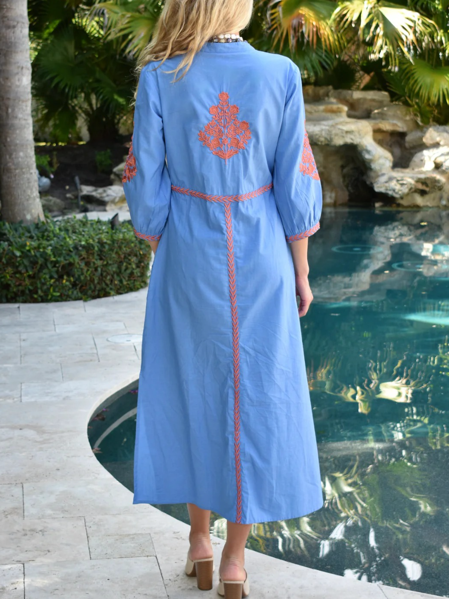 Women's Blue Coral Embroidered Midi Dress - allsose
