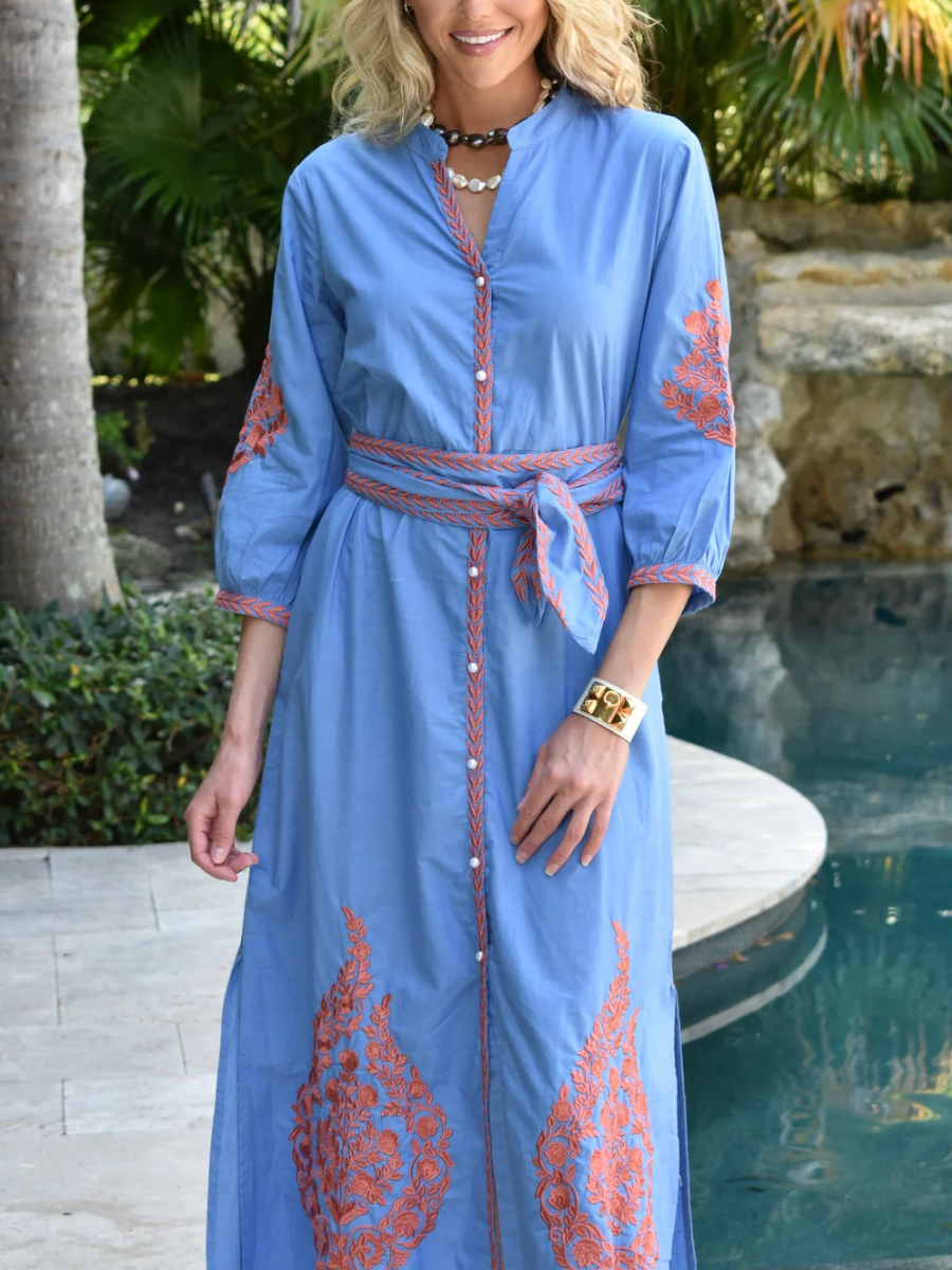 Women's Blue Coral Embroidered Midi Dress - allsose
