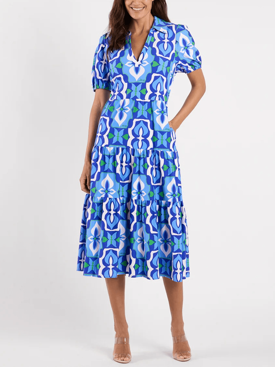 Women's Blue Green Geometric Tile Print Tiered Midi Dress - allsose