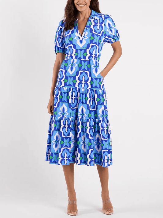 Women's Blue Green Geometric Tile Print Tiered Midi Dress - allsose