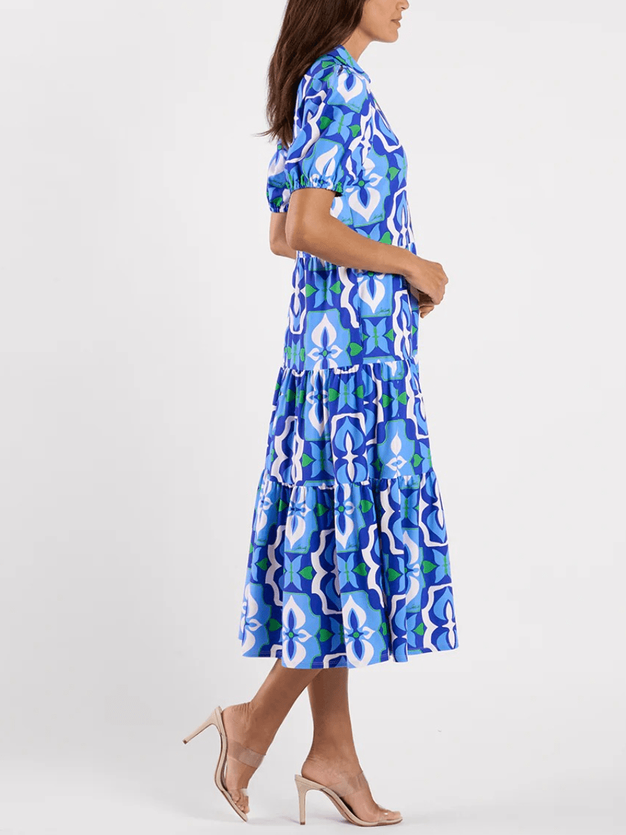 Women's Blue Green Geometric Tile Print Tiered Midi Dress - allsose