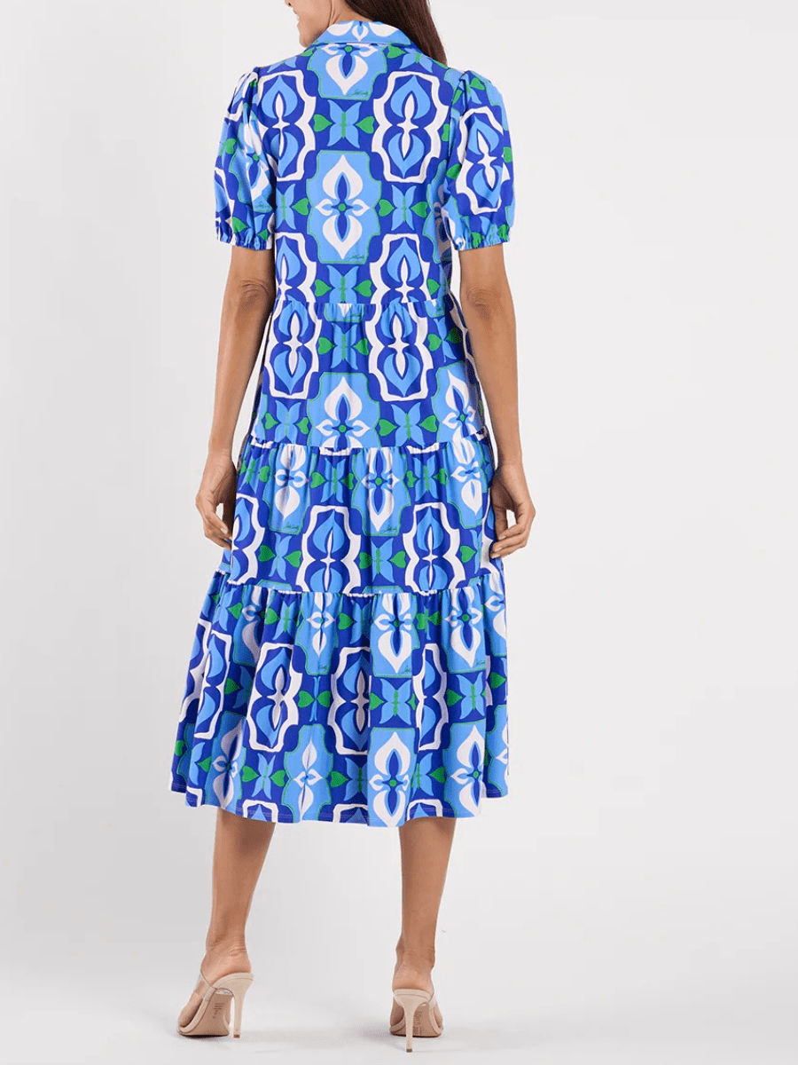 Women's Blue Green Geometric Tile Print Tiered Midi Dress - allsose