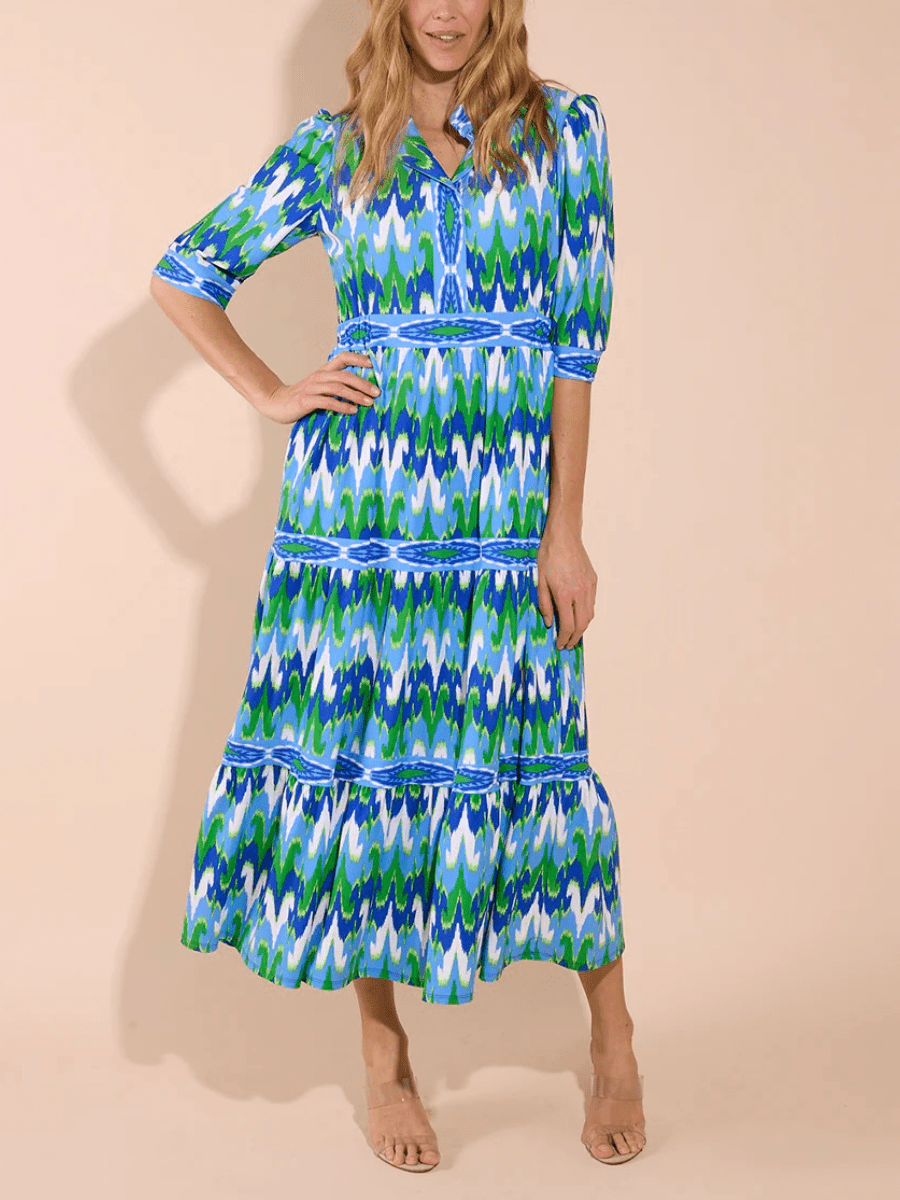 Women's Blue Green Ikat Print Tiered Midi Dress - allsose