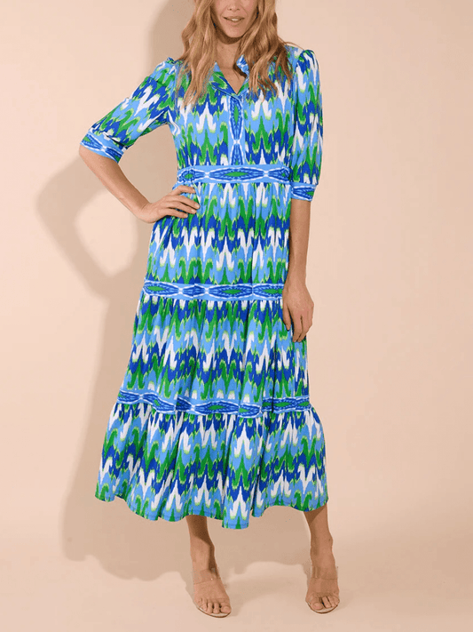 Women's Blue Green Ikat Print Tiered Midi Dress - allsose