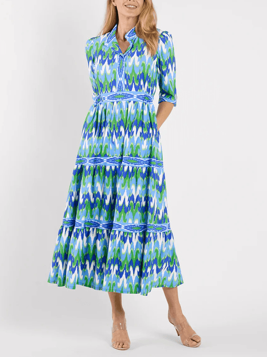 Women's Blue Green Ikat Print Tiered Midi Dress - allsose