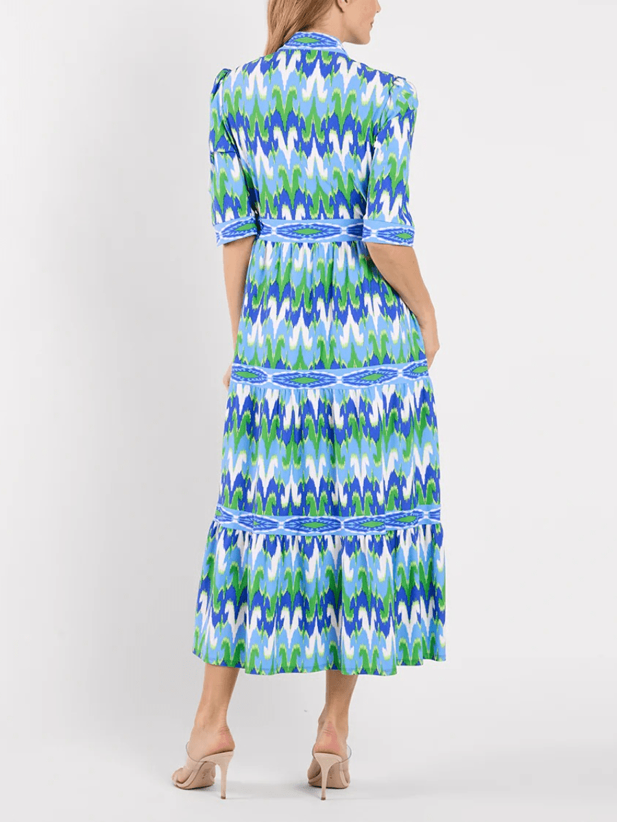 Women's Blue Green Ikat Print Tiered Midi Dress - allsose