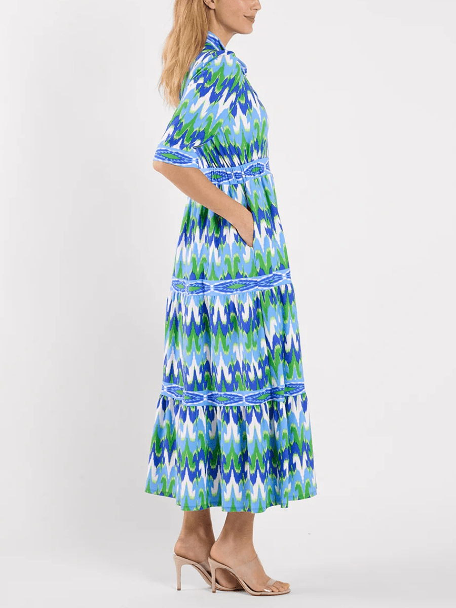 Women's Blue Green Ikat Print Tiered Midi Dress - allsose