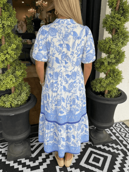 Women's Blue White Floral Print Tiered Maxi Dress - allsose