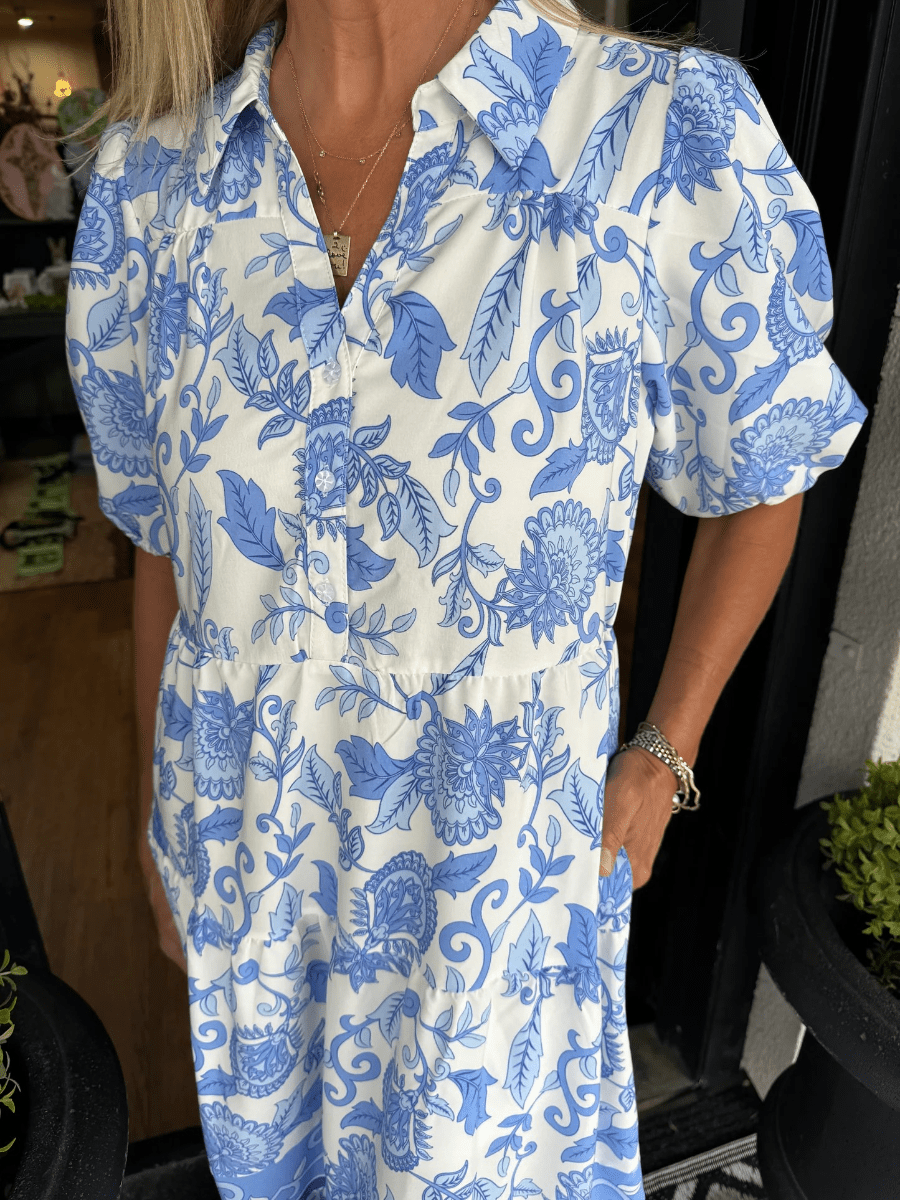 Women's Blue White Floral Print Tiered Maxi Dress - allsose