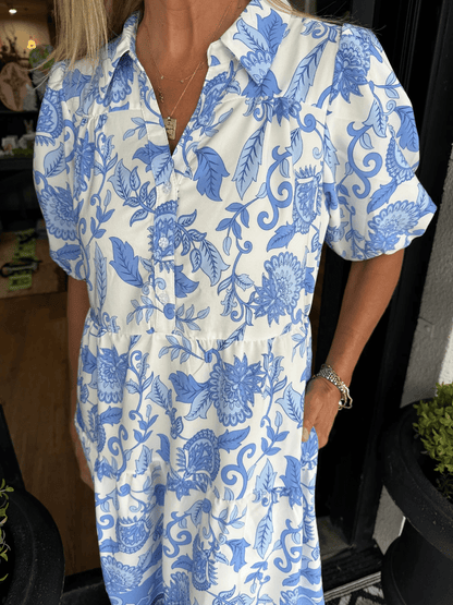 Women's Blue White Floral Print Tiered Maxi Dress - allsose