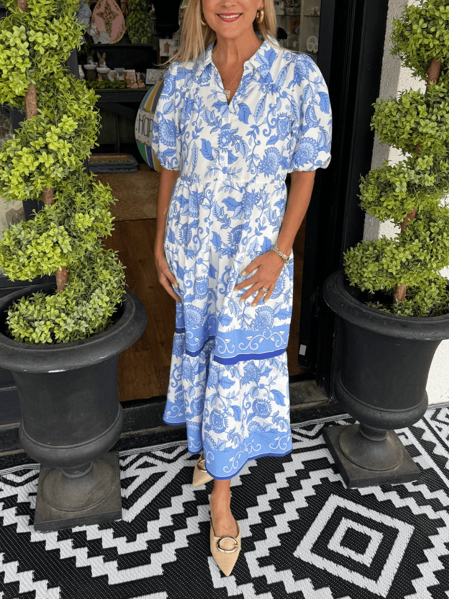 Women's Blue White Floral Print Tiered Maxi Dress - allsose