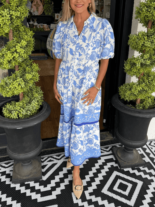 Women's Blue White Floral Print Tiered Maxi Dress - allsose