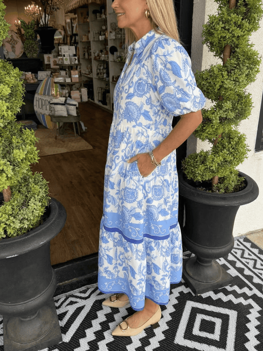 Women's Blue White Floral Print Tiered Maxi Dress - allsose