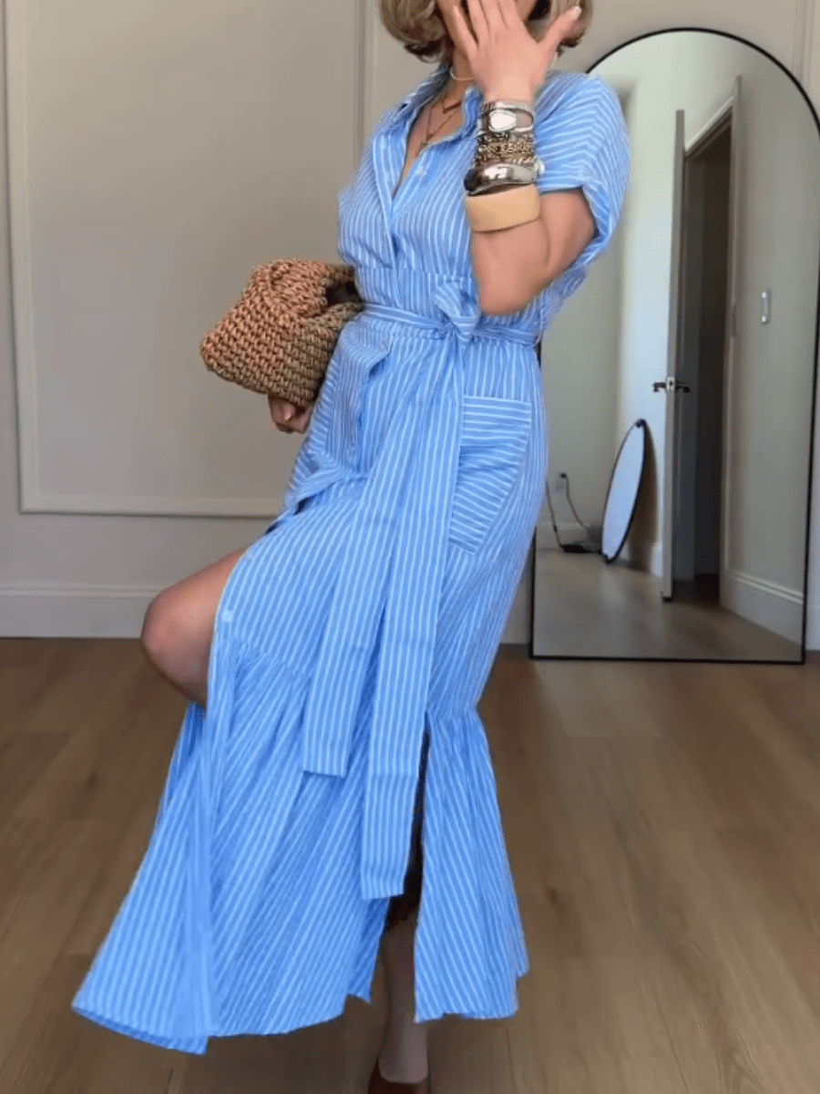 Women's Blue & White Striped Belted Button - Down Midi Shirt Dress With Ruffle Hem - allsose