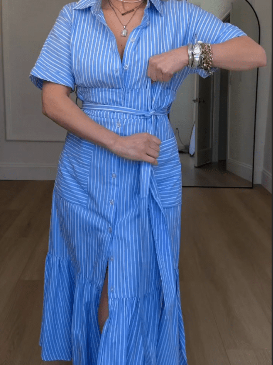 Women's Blue & White Striped Belted Button - Down Midi Shirt Dress With Ruffle Hem - allsose