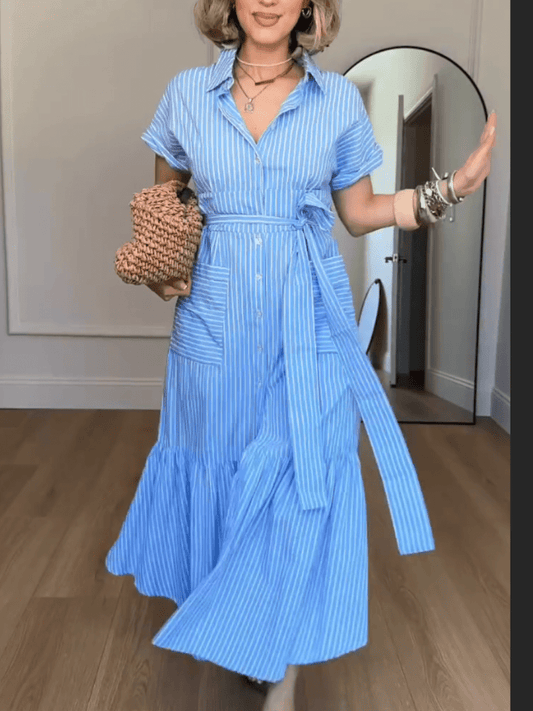 Women's Blue & White Striped Belted Button - Down Midi Shirt Dress With Ruffle Hem - allsose