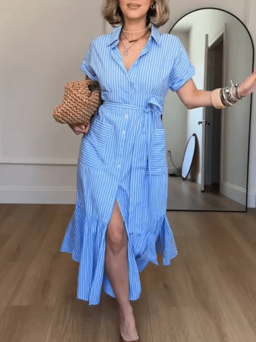 Women's Blue & White Striped Belted Button - Down Midi Shirt Dress With Ruffle Hem - allsose