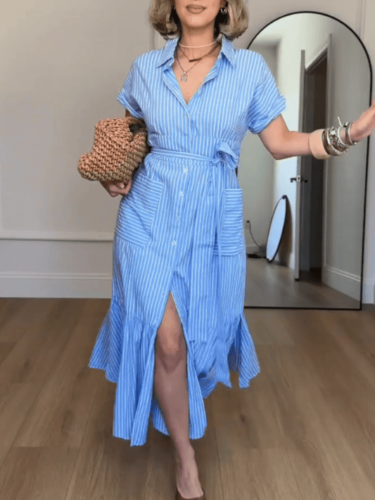 Women's Blue & White Striped Belted Button - Down Midi Shirt Dress With Ruffle Hem - allsose