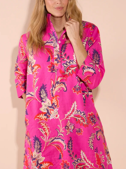 Women's Bright Pink Paisley Print 3/4 Sleeve Stand Collar Shift Dress - allsose