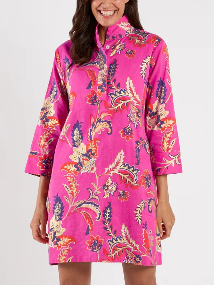 Women's Bright Pink Paisley Print 3/4 Sleeve Stand Collar Shift Dress - allsose
