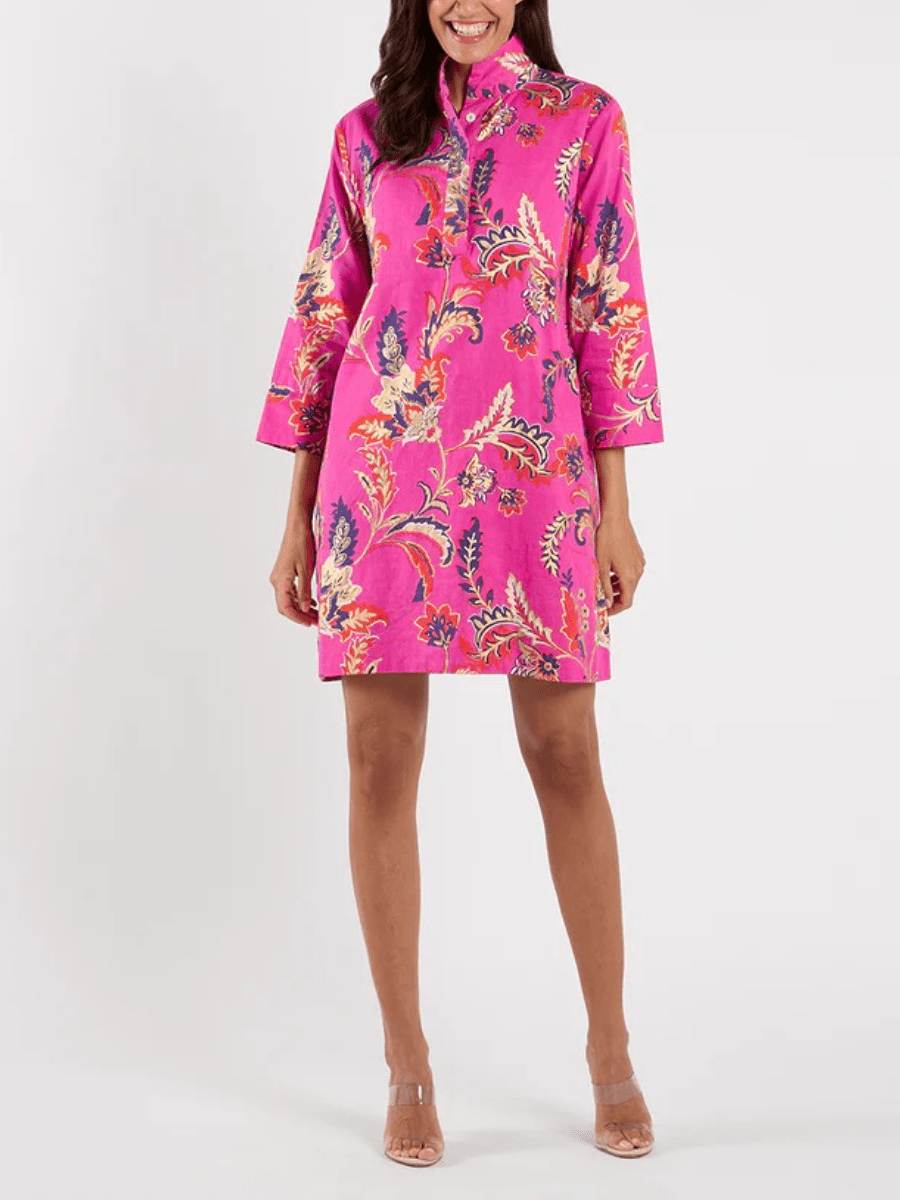 Women's Bright Pink Paisley Print 3/4 Sleeve Stand Collar Shift Dress - allsose