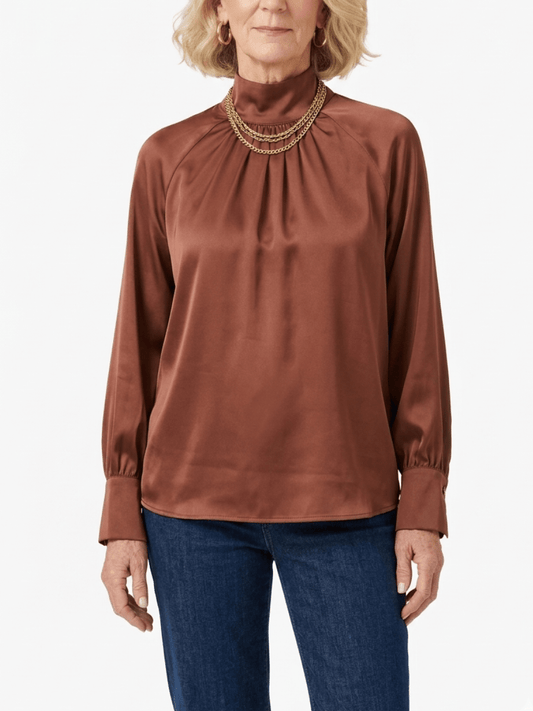 Women's Brown Satin High Neck Blouse - allsose