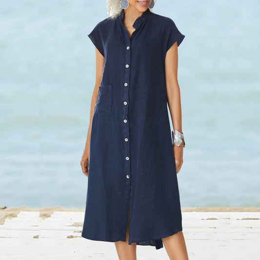 Women’s Button - down Cotton Linen Loose Dress with Pocket - allsose