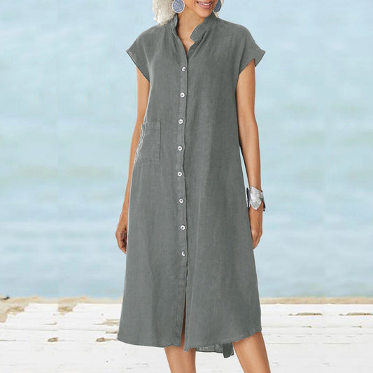 Women’s Button - down Cotton Linen Loose Dress with Pocket - allsose
