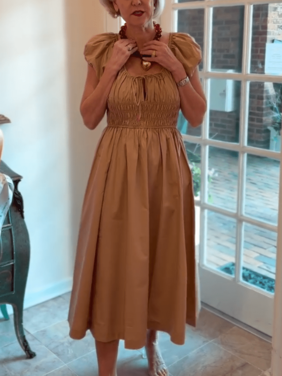 Women's Camel Smocked Waist Puff Sleeve Midi Dress - allsose