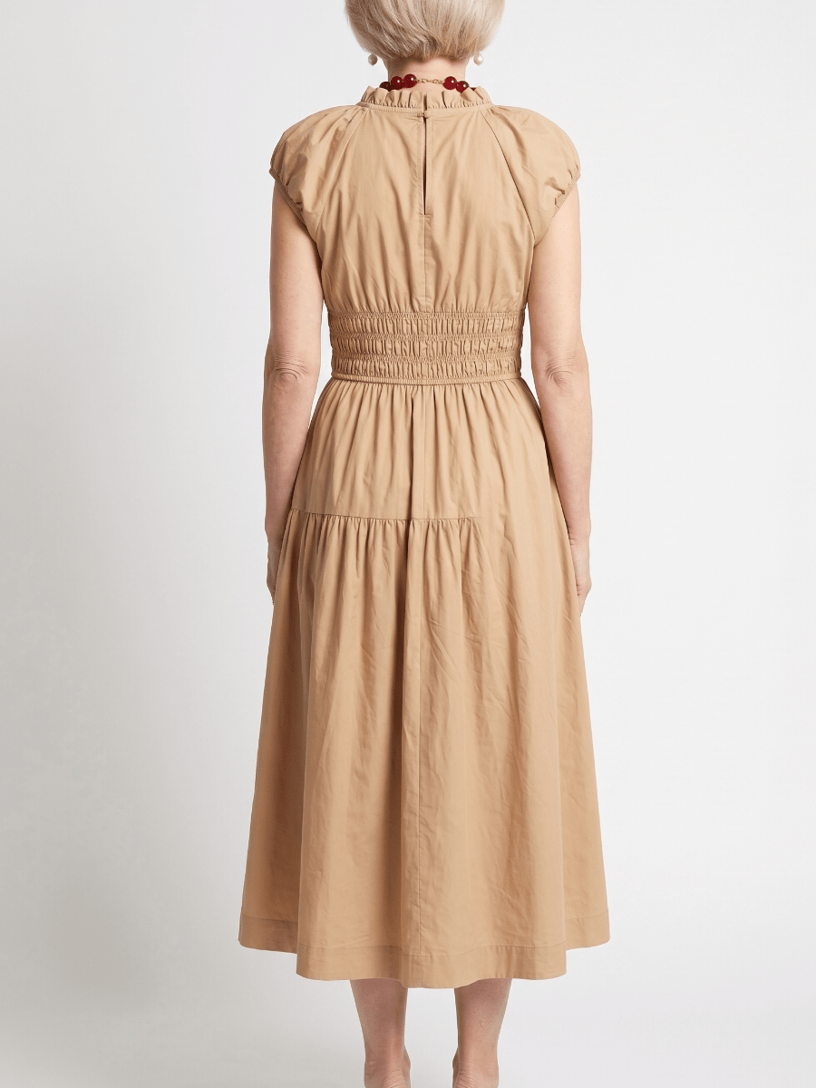 Women's Camel Smocked Waist Puff Sleeve Midi Dress - allsose