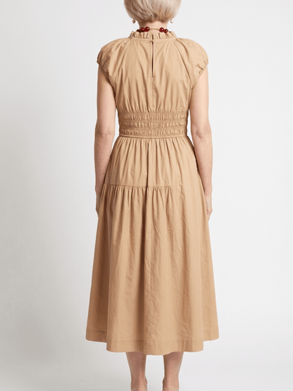 Women's Camel Smocked Waist Puff Sleeve Midi Dress - allsose
