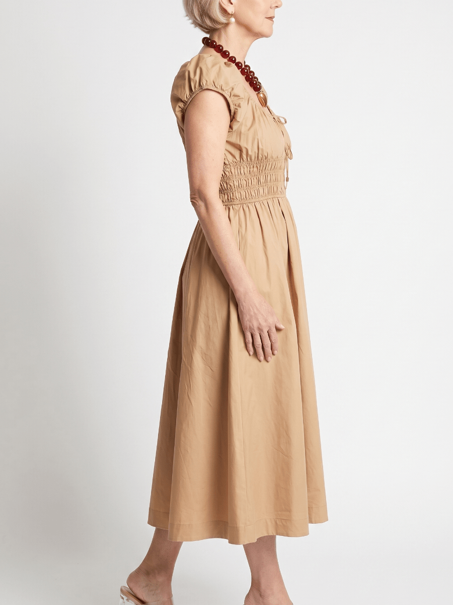 Women's Camel Smocked Waist Puff Sleeve Midi Dress - allsose
