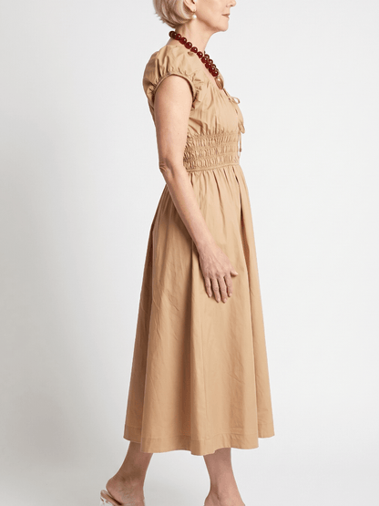 Women's Camel Smocked Waist Puff Sleeve Midi Dress - allsose