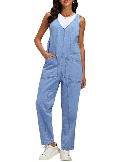Women's Casual Loose Sleeveless Denim Jumpsuit - allsose