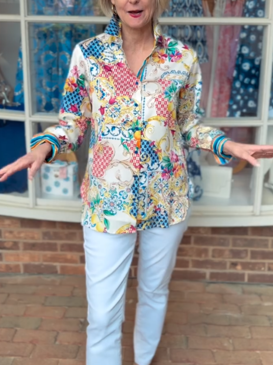 Women's Colorful Patchwork Floral Print Button Down Shirt - allsose