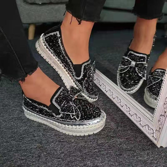 Women's Dazzle Bow Rhinestone Flat Shoes - allsose