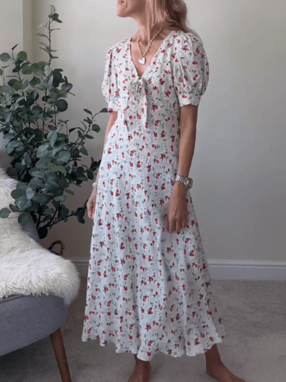 Women's Ditsy Floral V - Neck Puff Sleeve Midi Dress With Bow Detail - allsose