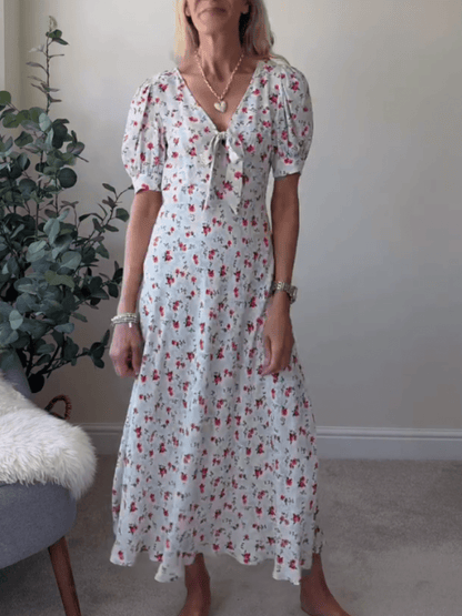 Women's Ditsy Floral V - Neck Puff Sleeve Midi Dress With Bow Detail - allsose