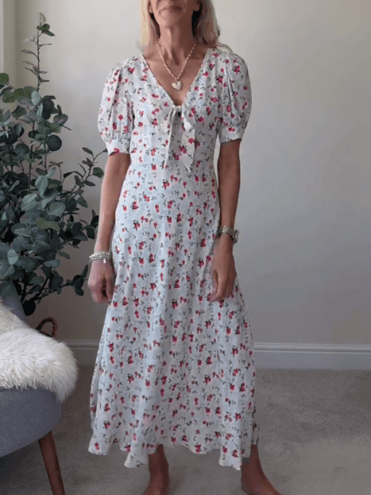 Women's Ditsy Floral V - Neck Puff Sleeve Midi Dress With Bow Detail - allsose