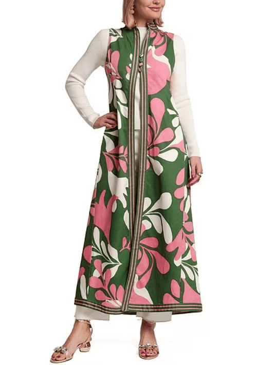Women's Green Pink Floral Print Sleeveless Maxi Vest - allsose
