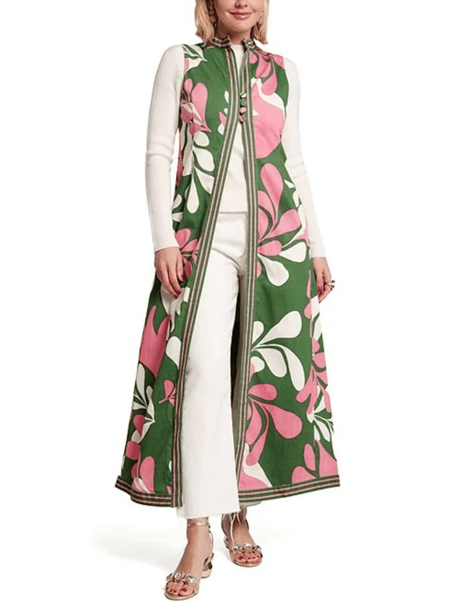 Women's Green Pink Floral Print Sleeveless Maxi Vest - allsose