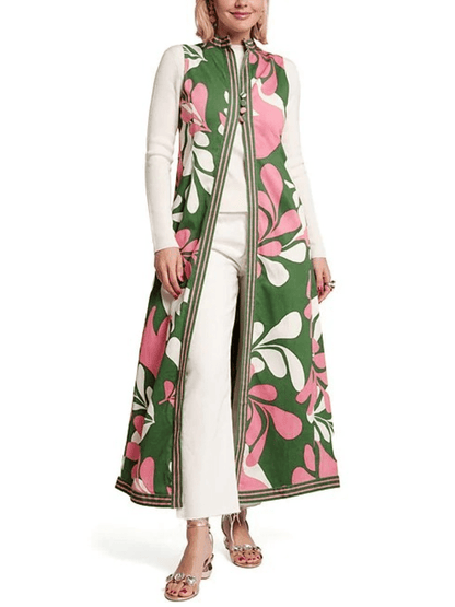 Women's Green Pink Floral Print Sleeveless Maxi Vest - allsose
