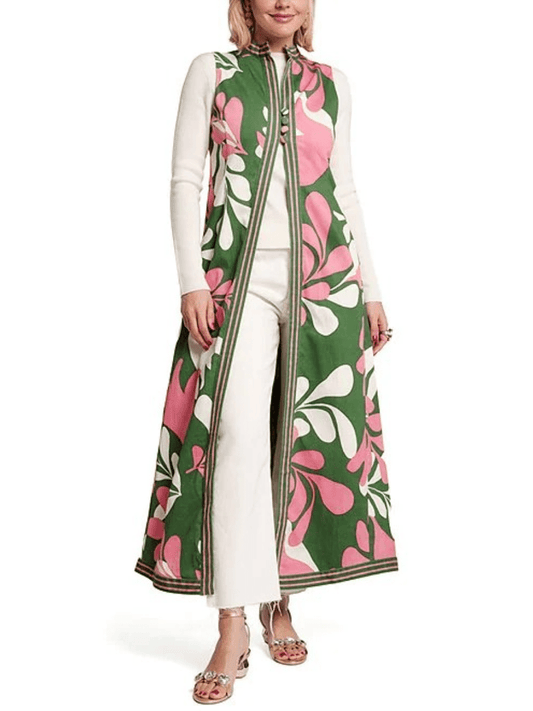 Women's Green Pink Floral Print Sleeveless Maxi Vest - allsose